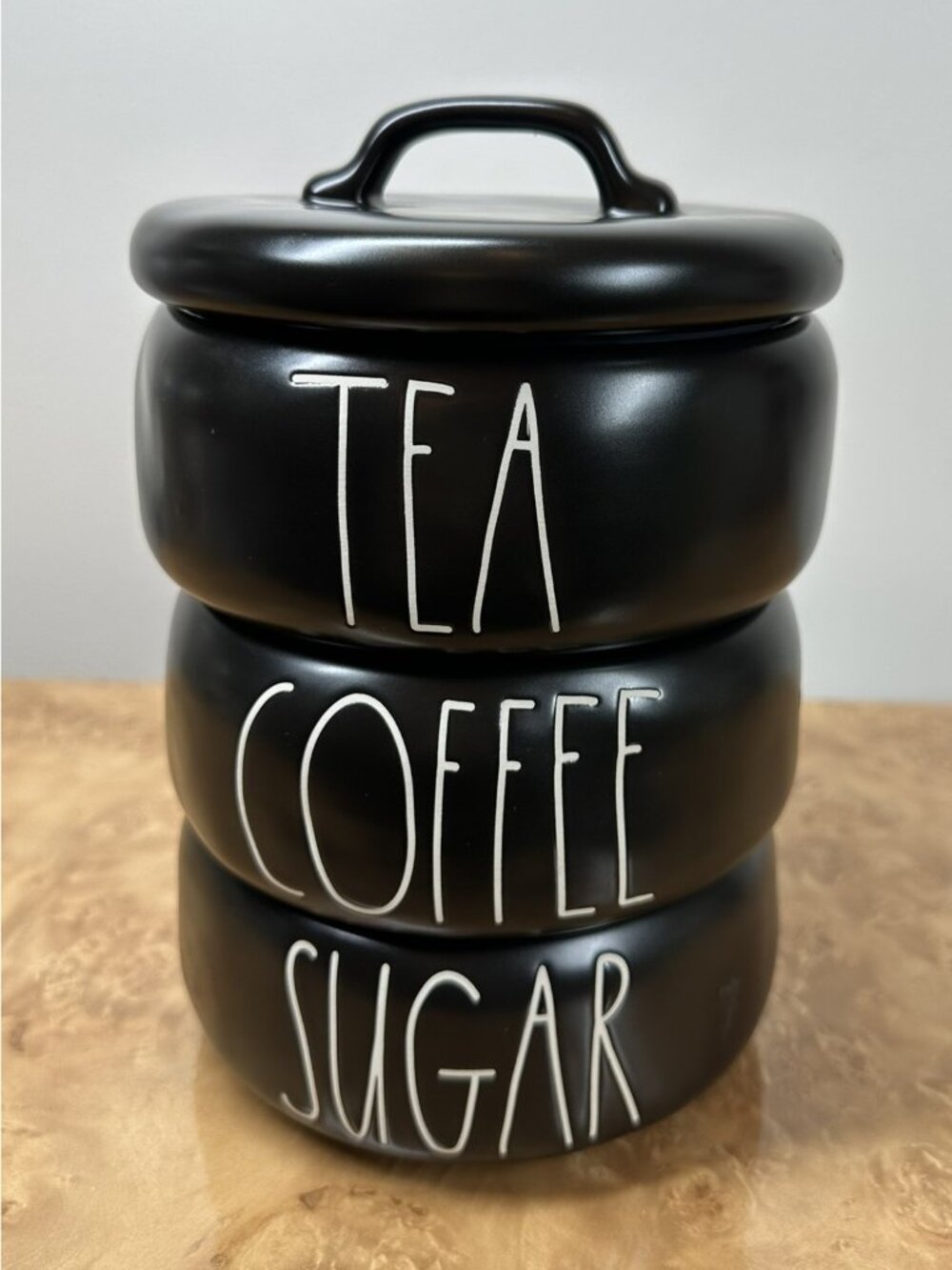 Rae Dunn Black Stackable COFFEE TEA SUGAR Ceramic Canister Set Magenta